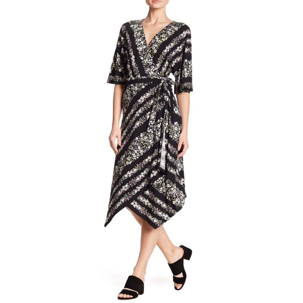 BCBGMAXAZRIA Wrap Dress Black Floral Print Asymmetrical Hem Size XXS